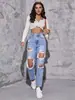 Amazon Ebay Calças Jeans Rasgadas para Mulheres 2024 Nova Tendência Europeia e Americana Lavadas Rasgadas de Cintura Alta Retas