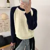 Suéter casual de punto trenzado con bloques de color y cuello redondo de estilo coreano con mangas raglán para mujer, adecuado para otoño e invierno, versátil para ir al trabajo y para uso casual