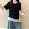 2026 Novo Estilo de Verão Camiseta de Manga Curta com Bainha Irregular e Renda Patchwork para Mulheres com Design de Nicho A11820