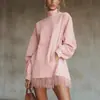 Novo Estilo Europeu e Americano Marca Independente Transfronteiriça Vestido Longo de Manga Comprida com Gola Alta em Camurça Vintage com Bolsos Soltos e Design de Franjas