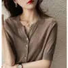 Top de tricô de seda gelada com decote V e mangas médias para mulheres, 2026 verão fino liso solto modelador versátil blusa básica top