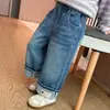 Calça de Perna Reta Elástica com Adesivo Estilo Coreano Primavera Outono 2026 Nova Moda Infantil Calça Longa Estilosa para Menina
