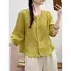 Camisa de Linho de Algodão Bordada Artística Feminina Verão Novo Retro Gola Redonda Manga Média Solta Emagrecedora Top Cardigan Petite