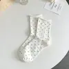 Calcetines de Lunares con Borde Fruncido para Mujer, Calcetines de Algodón Blanco Leche Puro hasta la Mitad de la Pantorrilla, Estilo Coreano Verano y Otoño, Estilo Ballet, Calcetines Holgados de Moda