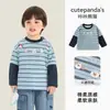 Camiseta de Manga Longa Falsa Duas Peças Kaka Panda para Meninos Roupa de Outono para Meninas Camisa Base de Outono Infantil Roupa de Bebê