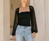 Camiseta versátil de manga larga con retazos de malla sexy de estilo europeo y americano para mujer, top sexy semitransparente de verano para mujer