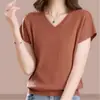 Top de punto a rayas simple de manga corta con cuello en V, estilo nuevo, holgado, talla grande para mujer, versátil y adelgazante, casual, negro, talla única