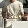 Nueva camiseta de punto de manga corta de verano para hombre, color liso de seda helada, cuello redondo, ajuste slim, moderna para negocios, camiseta, venta al por mayor transfronteriza