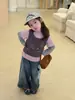 Moda YoYo Conjunto de Tres Piezas a la Moda con Top de Manga Larga para Niñas Pequeñas con Chaleco Bordado y Mangas de Color Contrastante, Ropa Casual para Niños