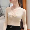 Moda Femenina Nueva Primavera y Otoño Sexy Escote en V Profundo Manga Larga Corte Ajustado Diseño Cruzado Camiseta de Malla para Mujer