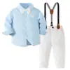 Traje de caballero para niños: camisa de manga larga con cuello azul claro, pantalón largo color blanco roto, juego de tirantes ajustables de color oscuro