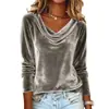 Site Independente Amazon Transfronteiriço Europeu e Americano Moda Feminina 2025 Nova T-shirt Sexy de Veludo de Cor Sólida com Gola Drapeada e Manga Longa