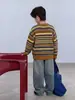 Contém lã~Suéter infantil, malha listrada de gola redonda para meninos, suéter de outono para crianças mais velhas, suéter de malha para meninas