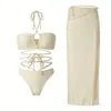 Bikini Escotado de Cuello Halter 2026 Nuevo Estilo Sexy con Abertura Vestido Largo Conjunto de Tres Piezas Vacaciones en la Playa Adelgazante Ropa de Baño Chica Atrevida