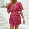 Estilo Europeo y Americano Vestido Transfronterizo para Mujer Verano Largo Cuello en V Escote Bajo Estampado Estilo Vacaciones Estilo Oficina Elegante Fabricante Venta al por Mayor
