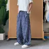 Calças casuais masculinas xadrez, estilo fino de verão, corte americano retrô solto, calças largas relaxadas com caimento fluido, calças compridas retas