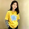 Camiseta de manga larga para niña, algodón puro, estilo primavera y otoño, versión coreana, holgada, sencilla, casual, cuello redondo, camiseta básica para niños, imitación de dos piezas