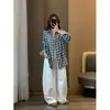 Zedaijiayi 26ª Nova Camisa de Manga Longa Xadrez Contrastante Retro Primavera e Verão Jaqueta Casual com Proteção Solar para Mulheres