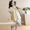 2026 Novo Estilo de Verão Estilo Coreano Top Solto Tecido à Mão com Contas + Shorts de Renda Conjunto para Gestante