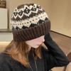 Chapéu de Tricô Jacquard Escandinavo Feminino Outono e Inverno Etiqueta de Tecido Estilo Fair Isle Retrô Atmosfera Coreana Chapéu Quente para Frio Chapéu de Lã