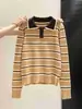 Suéter de Bloques de Color Retro con Cuello Polo y Rayas para Mujer Primavera Otoño Delgado Tejido de Canalé Capa Base Estilo Coreano Top
