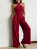 Mono de Verano Elegante Europeo y Americano Transfronterizo sin Mangas de Hombros Descubiertos con Tirantes Cruzados y Pantalones de Pierna Ancha Ajustables en la Cintura con Rayas Tejidas de Color Sólido
