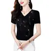 Camiseta de Algodón de Manga Corta Ajustada para Mujer con Patrón de Cola de Fénix con Pedrería de Alta Gama de Uso Rudo, Nueva de Verano 2025, Top de Moda