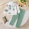Conjunto de Sudadera con Capucha y Pantalones Largos Verdes con Estampado Floral Fresco para Bebé Niña