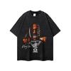 Camiseta de manga corta con estampado de retrato de rap de calle estadounidense, lavado pesado, camiseta de fondo de manga larga retro hip hop callejero con efecto desgastado
