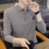 Camisas tipo Polo para Hombre de Primavera y Otoño, Camisetas de Manga Larga, Tops Casuales de Moda Ajustados con Rayas Bordadas