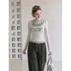 Camiseta feminina de manga comprida com gola quadrada e estampa de bolinhas brancas, top estilo halter falso de duas peças, outono 2026