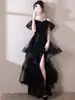 Vestido Negro de Malla con Lentejuelas Estilo Socialité Francesa Hermana Real Verano Diseño de Nicho Vestido de Banquete Falda Larga