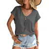 Amazon Transfronterizo 2023 Verano Nuevo Top de Botones con Cuello en V para Mujer Europeo y Americano Holgado Casual Camiseta de Manga Corta