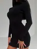 Vestido de Punto para Mujer de Cuello Alto, Longitud Media, con Abertura, Color Sólido, Lana, Ajustado, Sexy, Otoño e Invierno 2022, Vestido Europeo y Americano