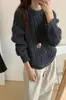 Toma real: Suéter de punto trenzado estilo coreano, suave y cómodo, de corte relajado, con cuello redondo minimalista, para mujer, perfecto para otoño e invierno, prenda exterior holgada