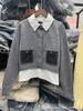 Estilo Europeo y Americano 2025 Otoño e Invierno Nueva Moda Jersey de Punto Falso de Dos Piezas con Cuello de Camisa Contrastante