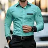 Camisa de Manga Larga para Hombre con Estampado 3D de Color Contrastante, Corte Entallado, No Planchar, Estilo Business Casual Europeo Transfronterizo