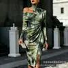 Transfronterizo Nuevo Estampado Digital Casual Personalidad Moda Temperamento Vestido de Manga Larga Hombros Descubiertos Falda Primavera y Otoño Mujer