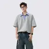 Camiseta Falsa de Duas Peças com Gola de Camisa Masculina Ootd Design de Nicho Marca Tendência Costura Manga Curta High-End Bonito Solta Meia Manga