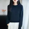 Top de punto 100% algodón para mujer, cuello redondo, manga larga, dobladillo enrollado, estilo casual, capa base cálida, top versátil de algodón puro