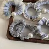 Cuerda para el Cabello Azul Perla de Alta Gama, Textura de Seda y Satén, Alta Elasticidad y Sin Daño al Cabello, Banda de Goma, Adornada con Perlas, Elegante y Versátil Goma para el Cabello