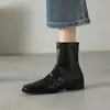 Versão em couro macio~Botas vintage com bico quadrado e salto alto, tornozeleiras femininas de salto grosso estilo britânico, botas Chelsea femininas slim