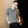 Gola Alta Cinza Tricô Manga Curta Feminino 2026 Primavera Verão Novo Fino Caxemira Gola Lapela Camada Base Roupa Exterior Comércio Exterior