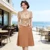 Elegante Vestido Fashion de Manga Curta Falso Duas Peças Estilo Mãe para Mulheres de Meia-Idade e Idosas, Novo Vestido de Verão, Vestido de Comprimento Médio para o Verão