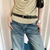 Cinturón Negro Estilo Vintage de Alta Gama con Bordes Cosidos, Hebilla Metálica y Acentos Decorativos para Mujer, Adecuado para Combinar con Jeans