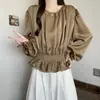 Blusa de Chiffon Elegante Nova para Mulheres Plus Size, Estilo Francês, Slim Fit, Gola Redonda, Vazada, Cintura Marcada, Manga Longa, para Outono