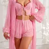 Conjunto de lencería sexy de comercio exterior europeo y americano: camisola de malla transparente, shorts, bata, bordado, ropa de dormir seductora para casa
