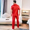 Pijamas Transfronterizos para Hombre Verano Manga Corta Largo Delgado Traje de Seda Cárdigan Rojo Seda Artificial Ropa de Casa para Hombre