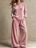 Conjunto de duas peças de veludo estilo casual fashion, novo estilo transfronteiriço europeu e americano, calça pantalona larga solta e top de manga longa de um ombro, vestuário feminino