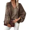 Amazon Transfronterizo Nuevos Tops Casuales de Manga Larga con Estampado de Leopardo y Cuello en V Europeos y Americanos para Mujer